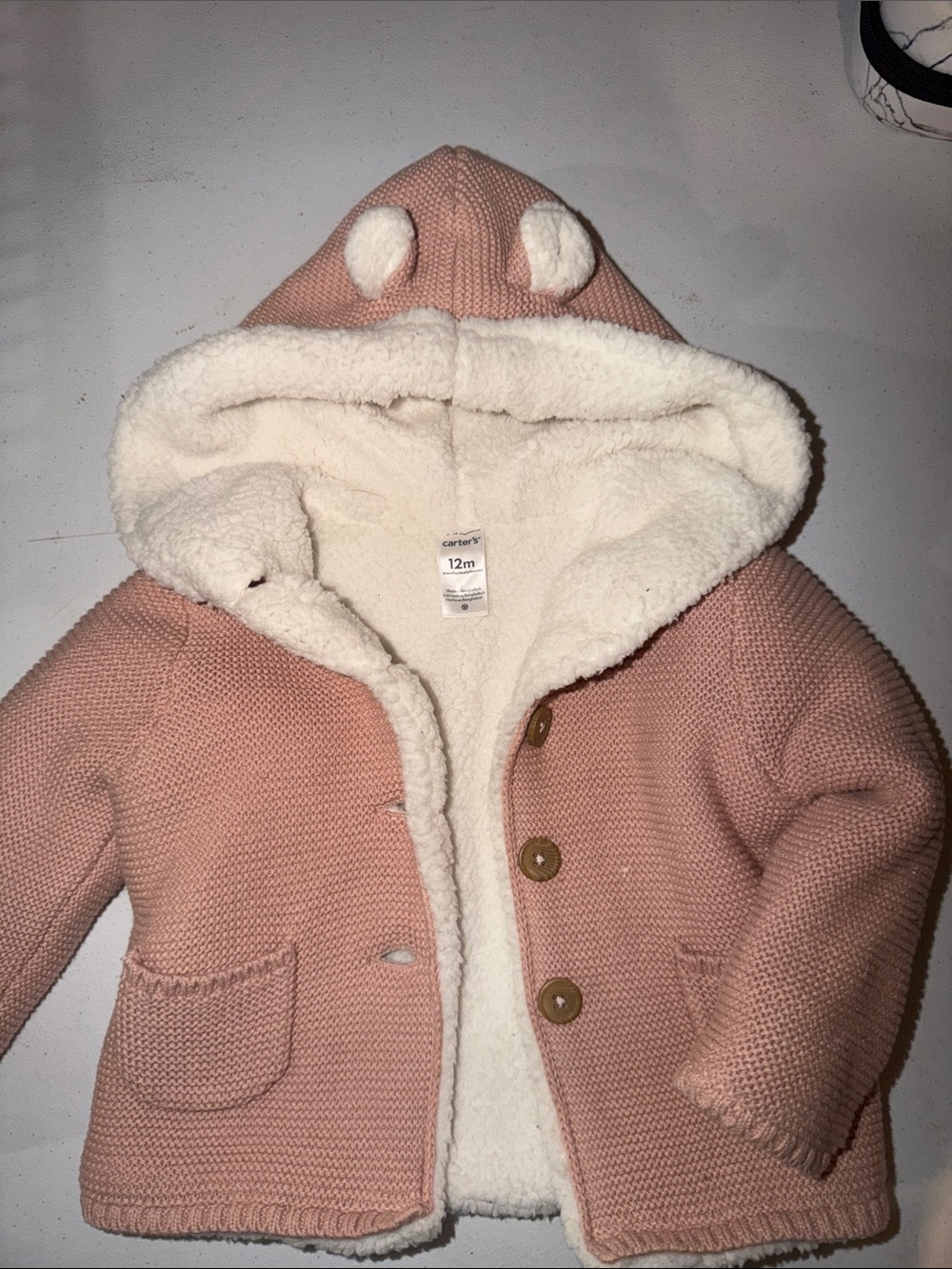 Carter's Pink Knit Hooded Jacket with Cream Sherpa Lining